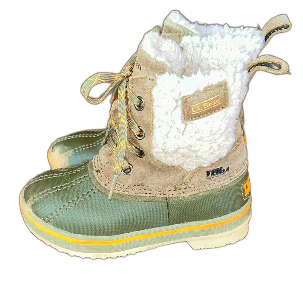 L.L. Bean Kids Boots Toddler Size 11 BoysOlive Green Tan Sherpa Snow Rain Shoes